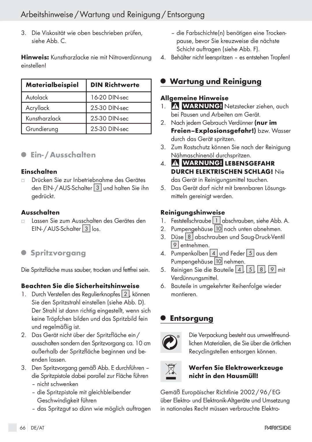 Parkside PFSPS150 manual Arbeitshinweise / Wartung und Reinigung / Entsorgung, Ein- / Ausschalten, Spritzvorgang 